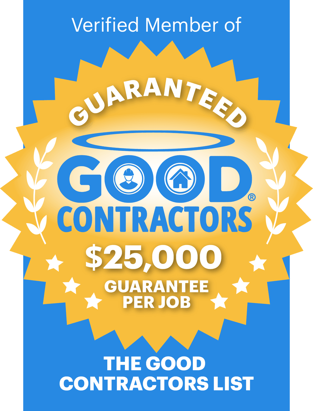 Verified member badge showcasing Guaranteed Good Contractors with $25,000 per job guarantee.